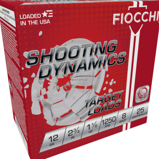 Fiocchi Shooting Dynamics Target Loads 12G 2-3/4” 1-1/8oz #8 Shot 1250 FPS 25Rd / Box
