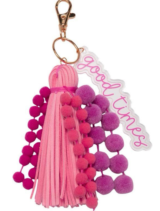 Jane Marie Pink, Coral, Purple Pom with Pink Tassel & Hot Pink Acrylic “ Good Times” Charm Keychain