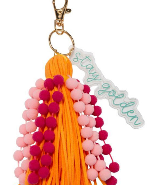 Jane Marie Light Pink, Pink Poms With Orange Tassel & Turquoise Acrylic “stay golden” Keychain