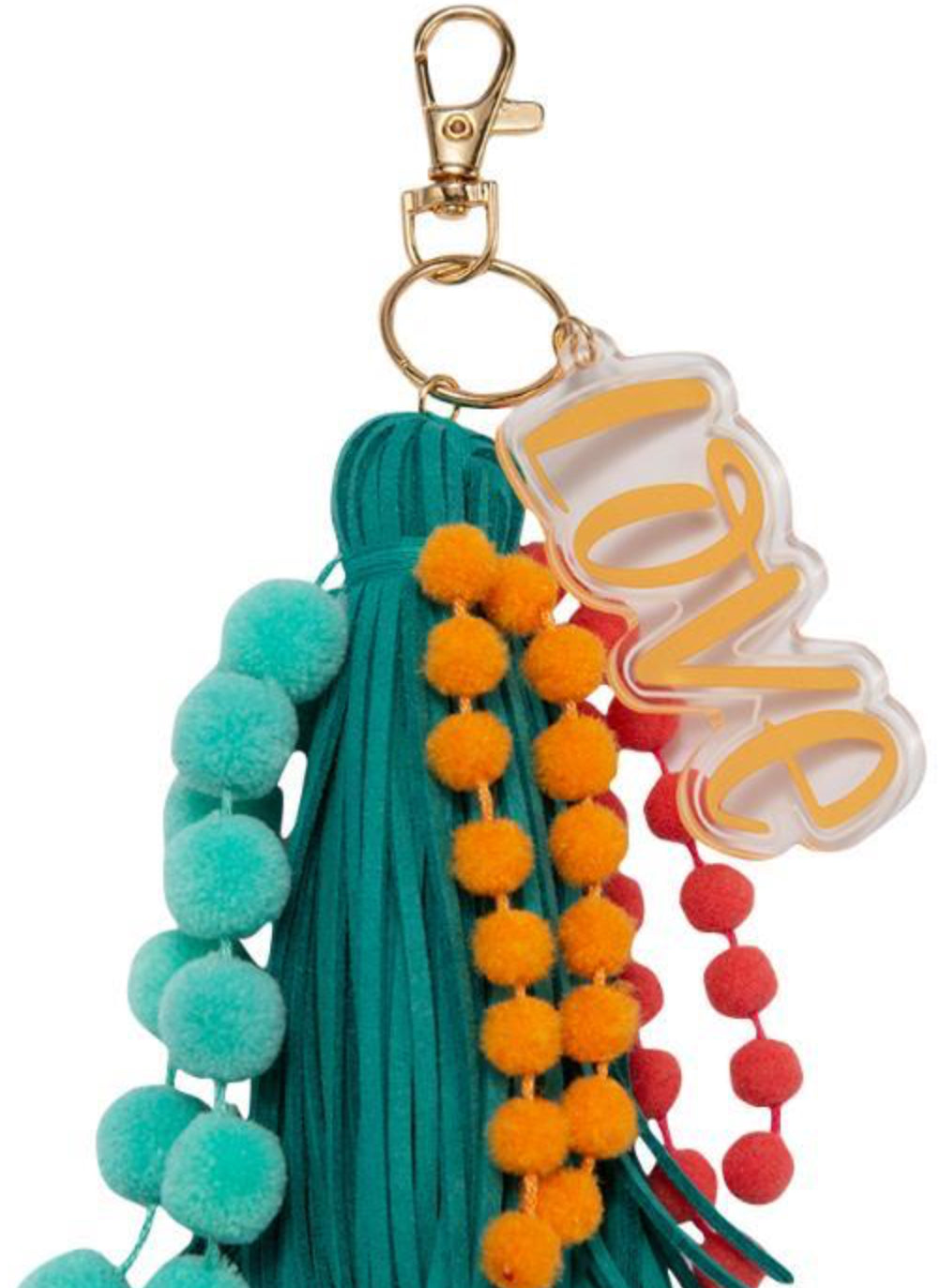 Jane Marie Orange, Coral, Mint Poms With Teal Tassel & Orange Acrylic “love” Charm Keychain