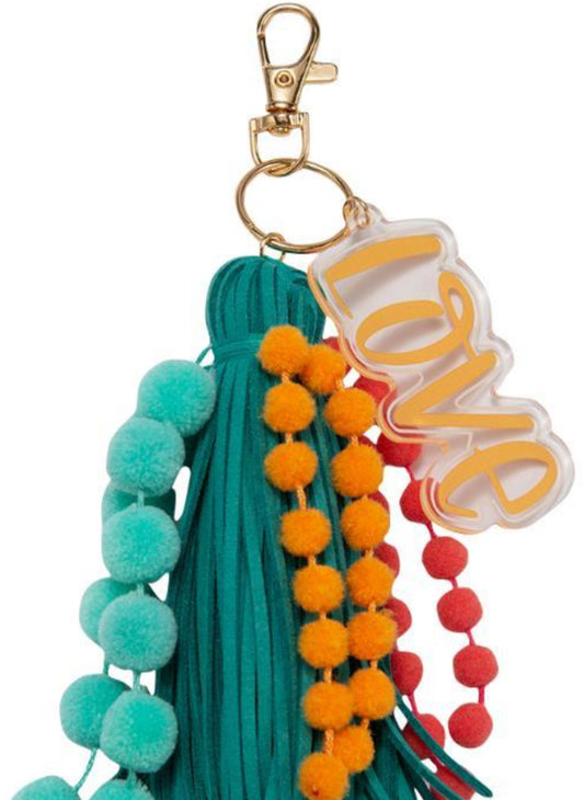 Jane Marie Orange, Coral, Mint Poms With Teal Tassel & Orange Acrylic “love” Charm Keychain
