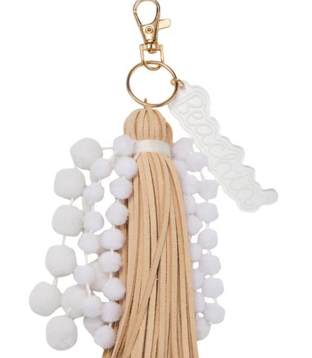 Jane Marie White Poms With Tan Tassel & White Acylic “Beach” Charm Keychain