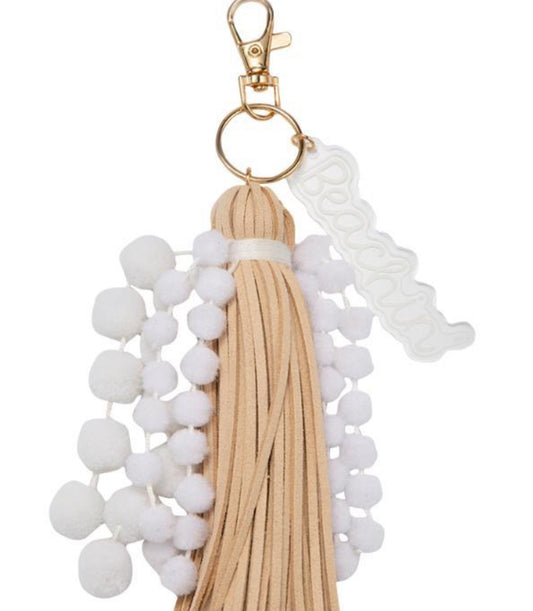 Jane Marie White Poms With Tan Tassel & White Acylic “Beach” Charm Keychain