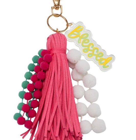 Jane Marie White, Mint, Pink Poms With Pink Tassel & Orange Acrylic “Blessed” Charm Keychain