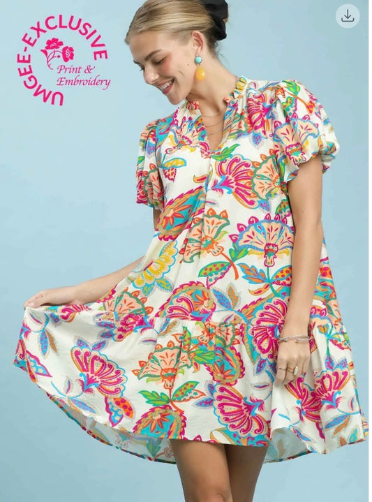 Umgee Floral Print Dress Cream Mix Floral Print