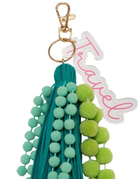 Jane Marie Mint & Lime Poms With Teal Tassel & Pink Acrylic “Travel” Charm Keychain
