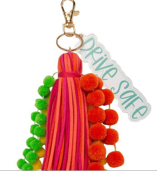 Jane Marie Orange, Yellow, Lime Poms With Orange & Pink Tassel & Turquoise “Drive Safe” Charm Keychain