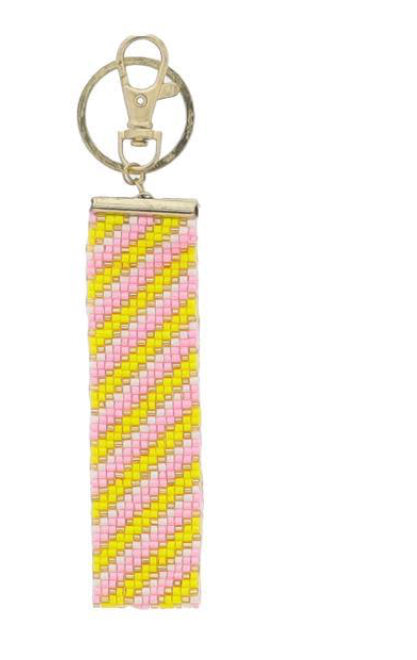 Jane Marie Yellow, White, Pink, Gold Diagnal Stripe Beaded Keychain