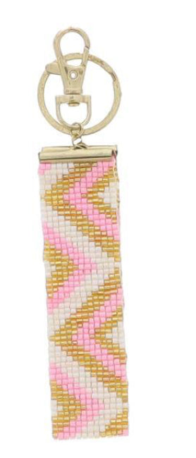 Jane Marie Gold, Pink, White Chevron Beaded Keychain