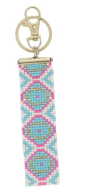 Jane Marie White, Hot Pink, Gold, Turquoise Geometric Beaded Keychain