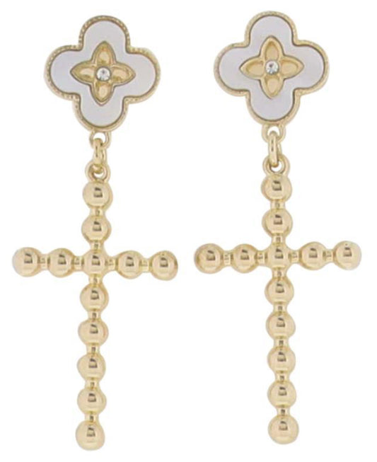 Jane Marie Gold Ball Studded Cross with White Enamel Quatrefoil Earring