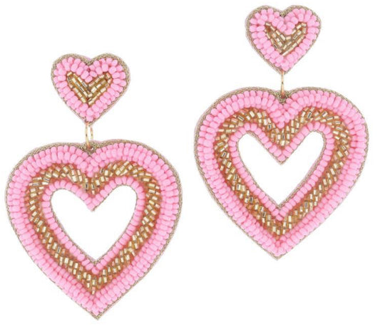 Jane Marie Gold and Light Pink Beaded Heart Post and Open Heart