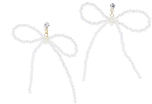 Jane Marie Mini Clear Crystal Post and Thin Pearl Beaded Bow Earrings