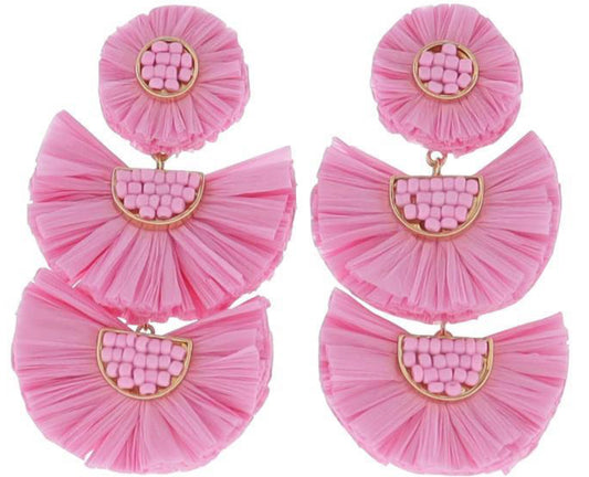 Jane Marie Pink Raffia Circle & Two Fans with Pink Beaded Accents Earring