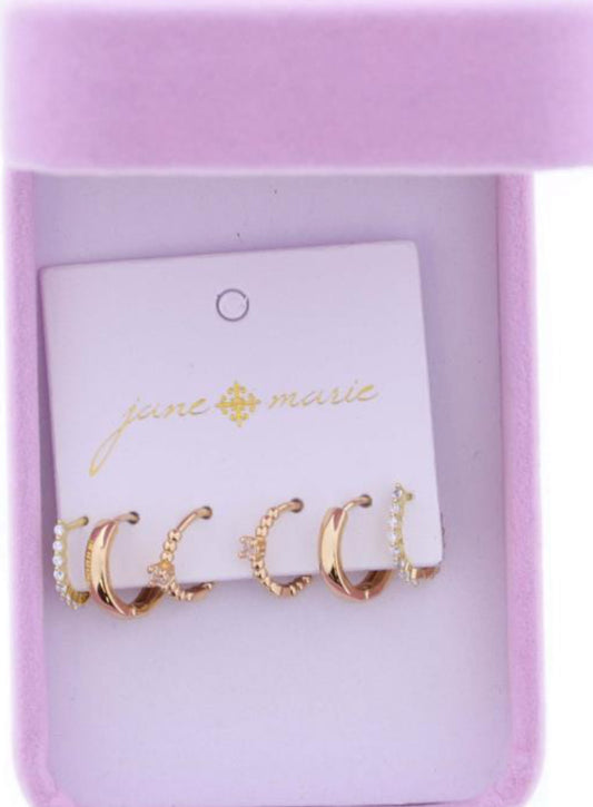 Jane Marie Set of 3, Gold Ball Huggie with Crystal Accent, Gold Huggie, Crystal Horseshoe Huggie Earrings