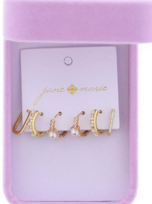 Jane Marie Set of 3, Pave Crystal Huggie with Pearl Accent, Pave Pearl Huggie, Crsytal Oval Huggie Earrings