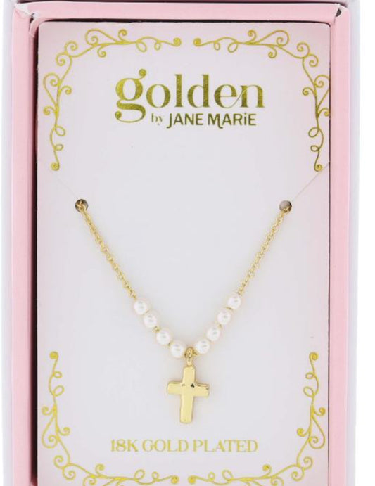 Jane Marie Sweetheart Kids 18K Gold Plated Mini Pearls and Gold Cross Necklace