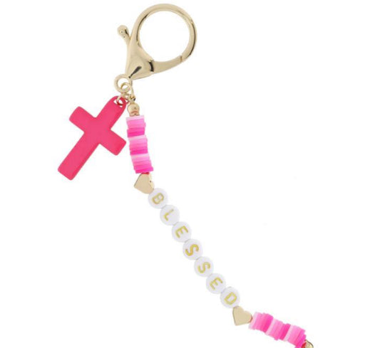 Jane Marie Multi Pink Rubber Sequin "BLESSED" and Gold Hearts, Hot Pink Cross Keychain