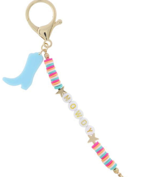 Jane Marie Multi Rubber Sequin with "HOWDY" and Gold Stars, Aqua Cowgirl Boot Keychain