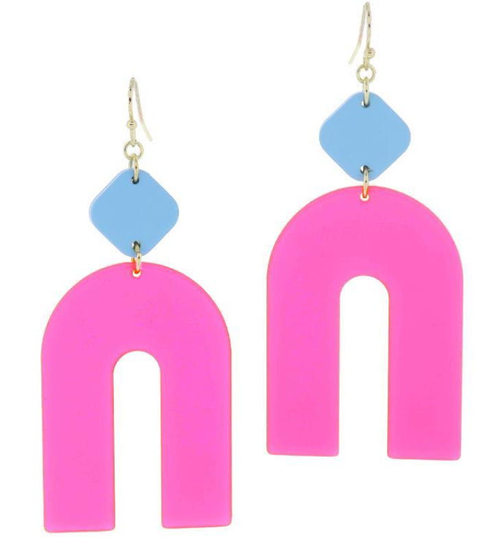 Jane Marie Light Blue Rounded Diamond and Neon Pink Acrylic Arch Earrings
