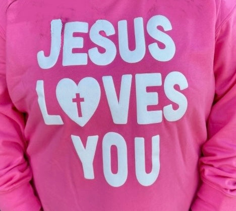 Jadelynn Brooke Custom - Jesus Loves You Puff - Crew Neck Sweatshirt Pink