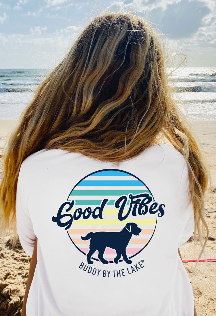 Buddy By The Sea Rainbow Stripe Youth S/S Front White