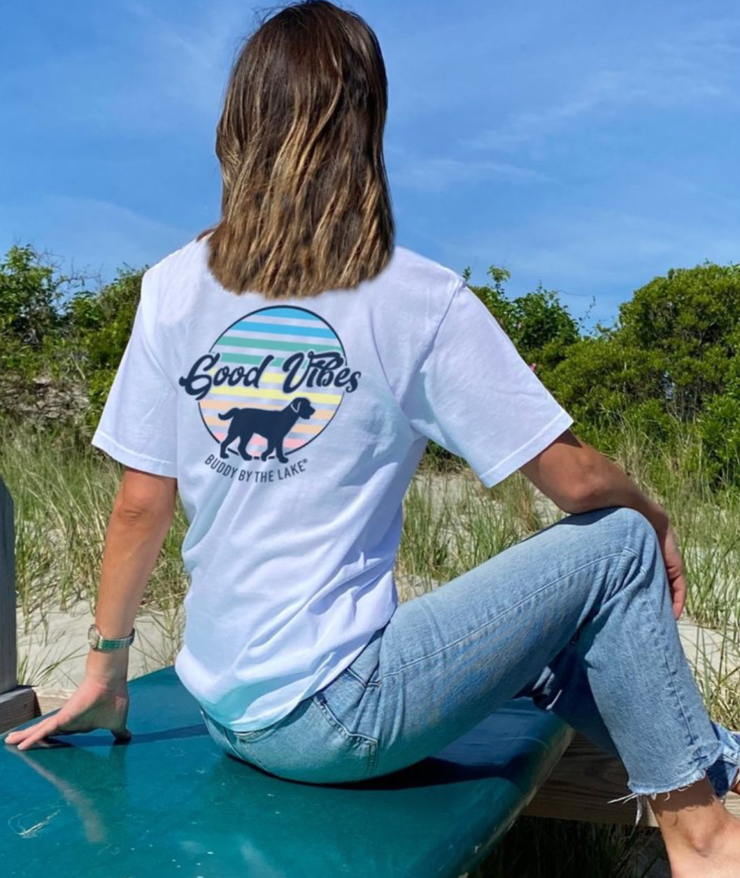 Buddy By The Sea Rainbow Stripe Adult S/S White