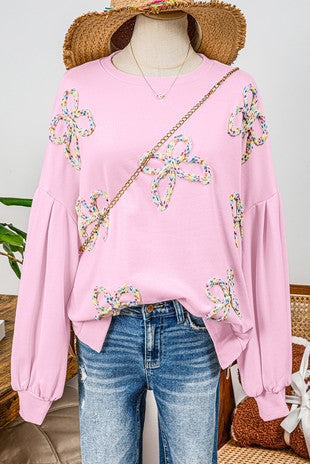 Bow Decor Lantern Oversized Pullover Sweatshirt Pink