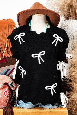 Bow Print Side Ties Scalloped Hem Sweater T Shirt black