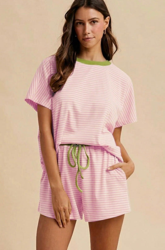 Anniewear Loose Fit Striped Knit Top & Mini Shorts Set  Candy Pink/Matcha ASET9278S
