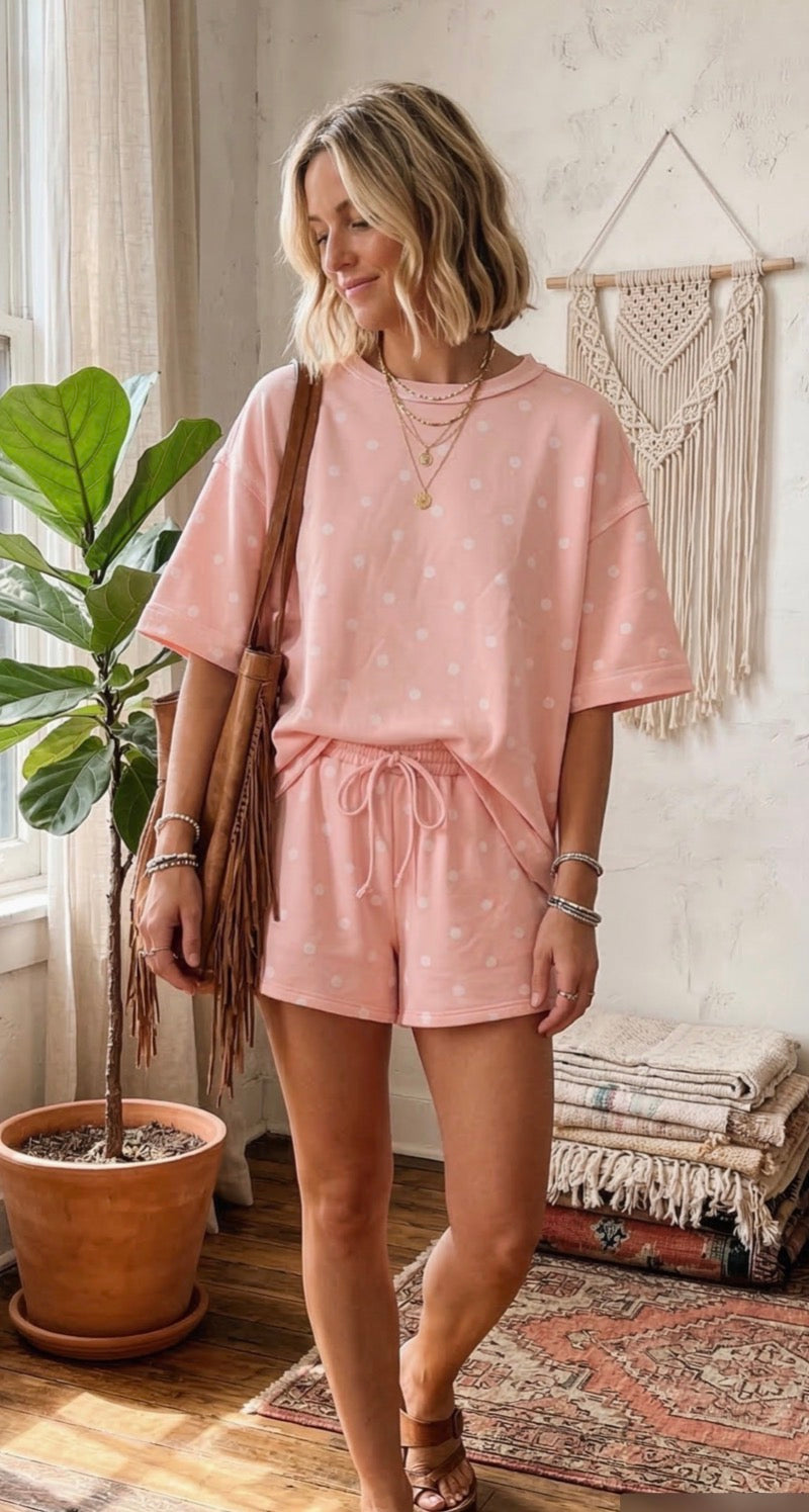 Polka Dot Relaxed Fit Top and Short Set Pink/White