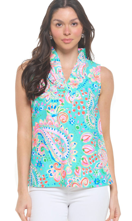 Aryeh Evelyn Ruffle Neckline Sleeveless Top Mint