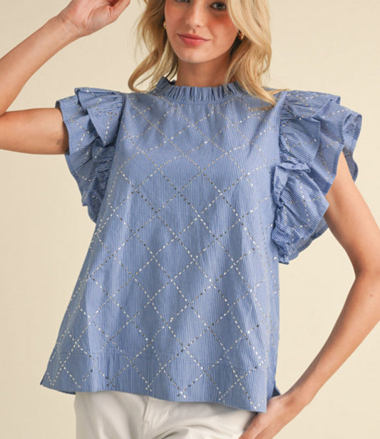Jodifl Striped & Beads top with frilled neck, back key hole, and layer ruffly shoulder