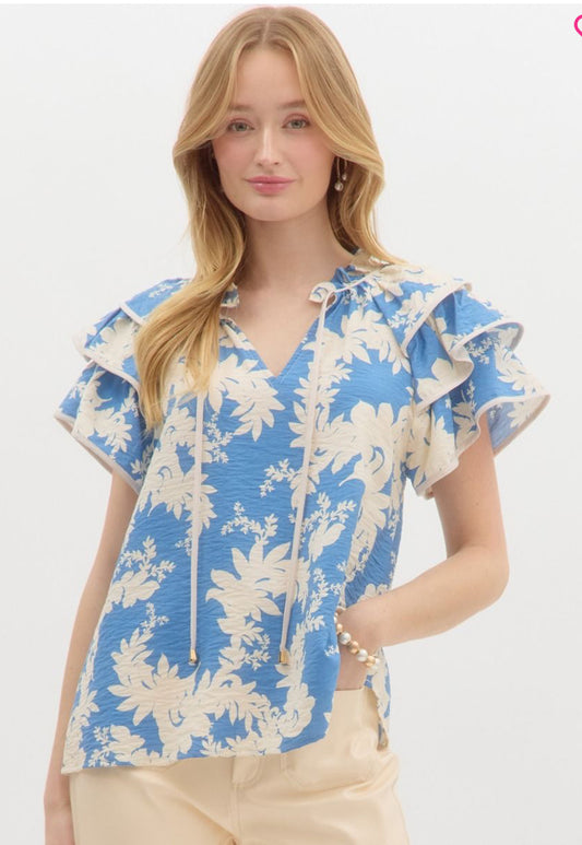 Entro Floral print layered flutter sleeve pullover top blue white