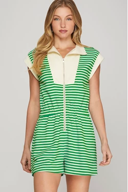 She + Sky DROP SHOULDER FRONT HALF ZIP STRIPED ROMPER WITH POCKETS green