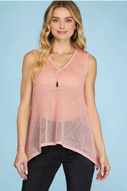 She + Sky SLEEVELESS METALLIC MESH KNIT SWEATER TOP Pink