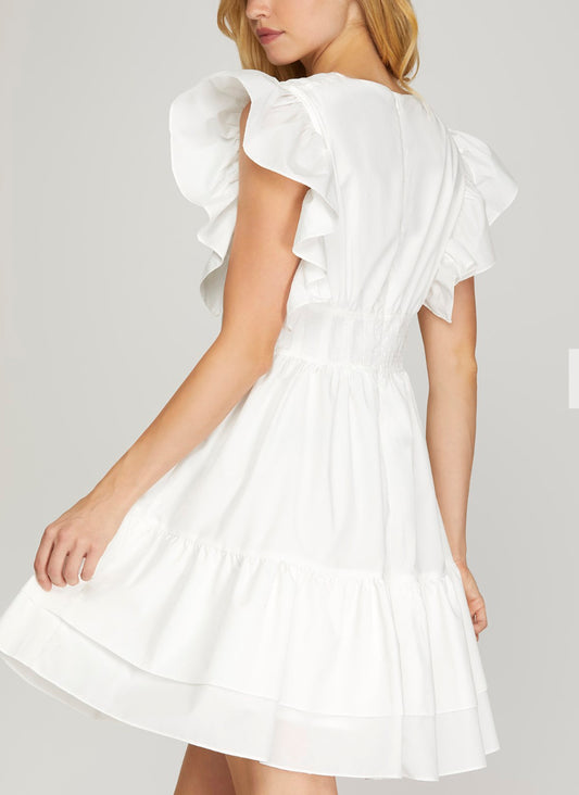 She + Sky RUFFLED SHOULDER PLEATED V NECK WAIST TIERED WOVEN DRESS White