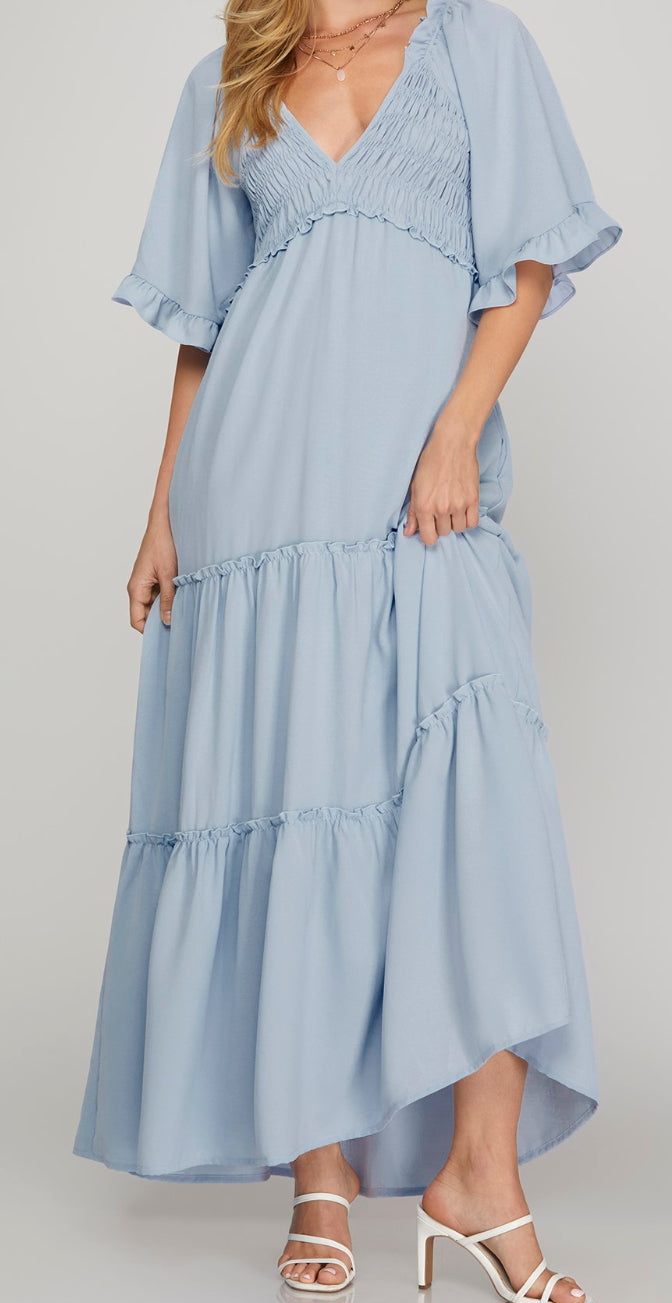 She + Sky FLUTTER BELL SLEEVE SMOCKED TIERED MAXI DRESS WITH POCKETS light blue