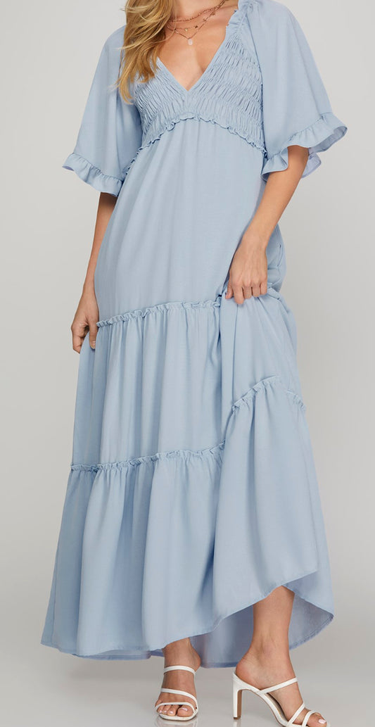 She + Sky FLUTTER BELL SLEEVE SMOCKED TIERED MAXI DRESS WITH POCKETS light blue