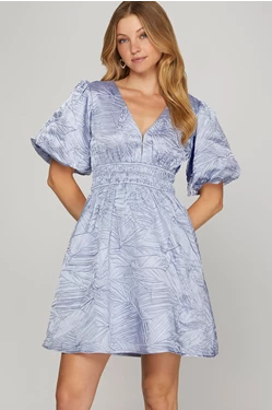 She + Sky BALLOON SLEEVE PLUNGING NECK CRINKLE WOVEN DRESS blue gray