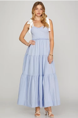 She + Sky SHOULDER SATIN TIE CONTRAST SMOCKING TIERED WOVEN MAXI DRESS blue
