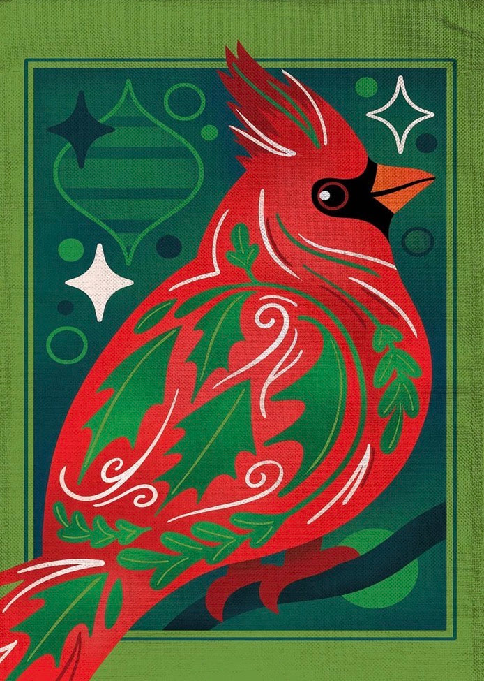 Evergreen Decorated Cardinal Burlap House Flag