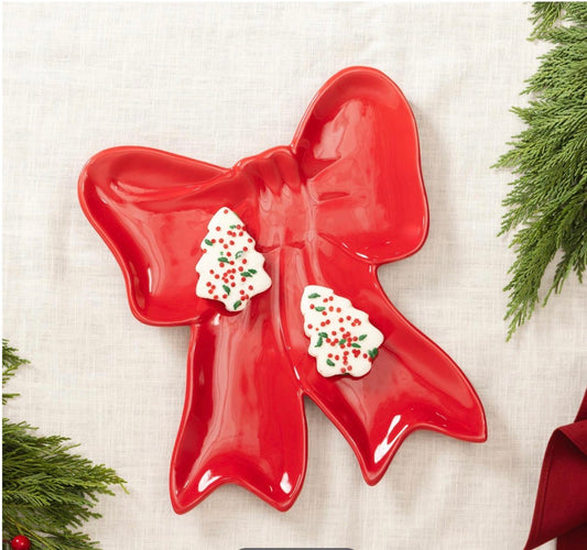Evergreen Heartfelt Cheer Plate Ceramic Bow Shaped Server Red