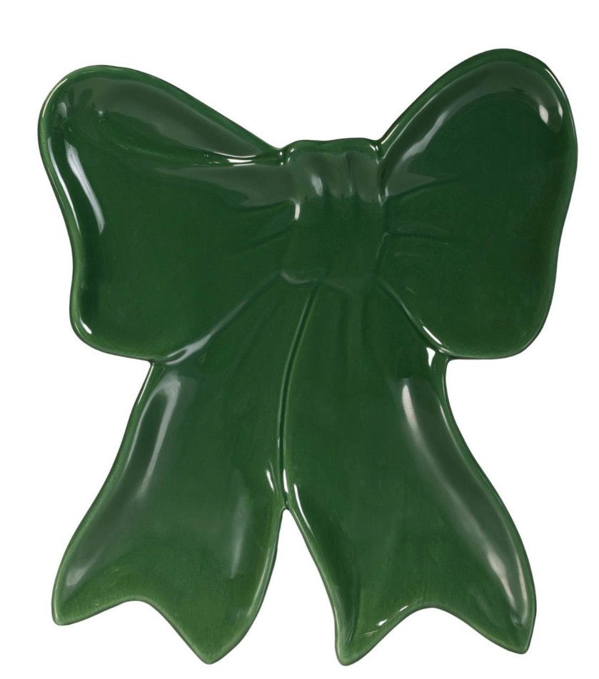 Evergreen Heartfelt Cheer Plate Ceramic Bow Shaped Server Green