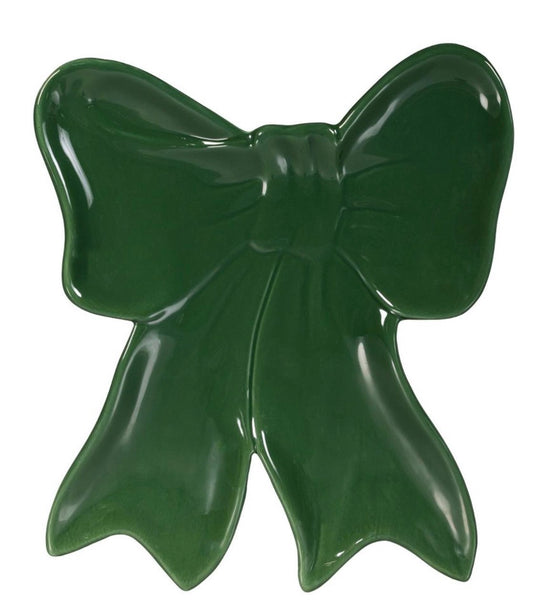 Evergreen Heartfelt Cheer Plate Ceramic Bow Shaped Server Green
