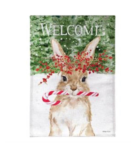Evergreen Candy Cane Rabbit Burlap House Flag