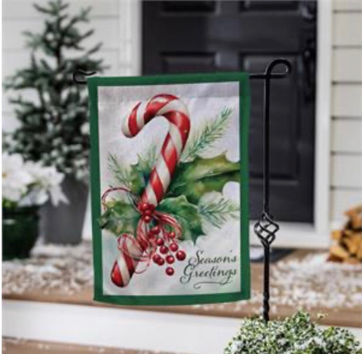 Evergreen Season's Greetings Candy Cane Burlap Garden Flag
