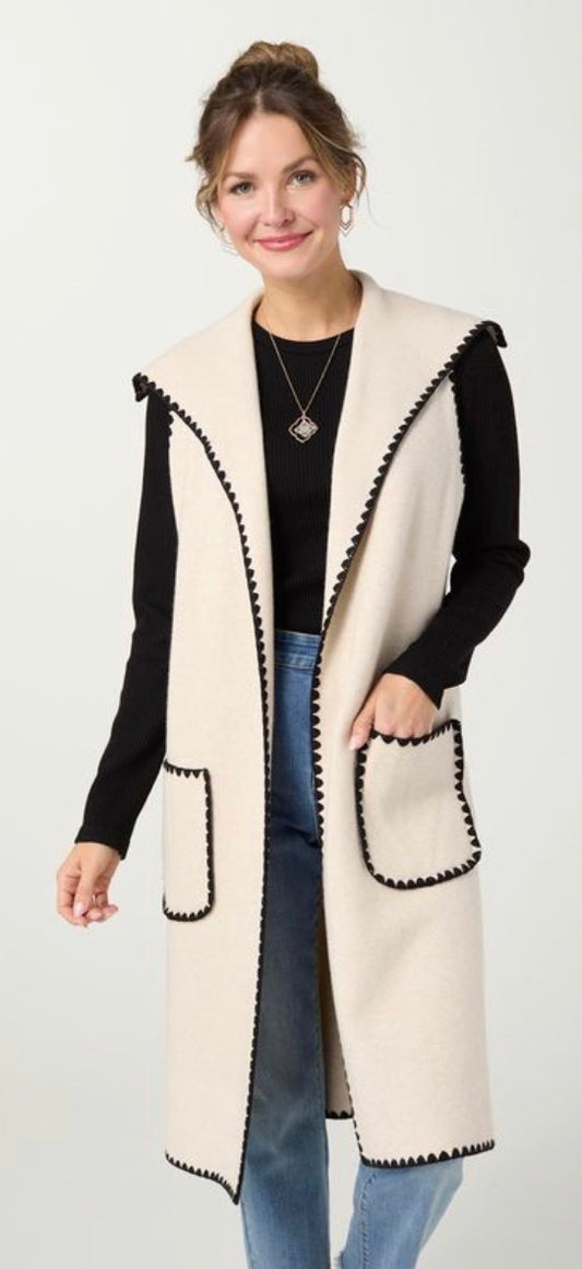 Coco + Carmen Heavenly Luxe Long Vest with Contrast Trim Oatmeal / Black