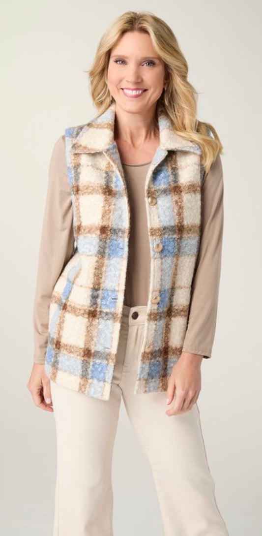 Coco + Carmen Deidre Plaid Sherpa Vest Dusty Blue/ Brown /Cream