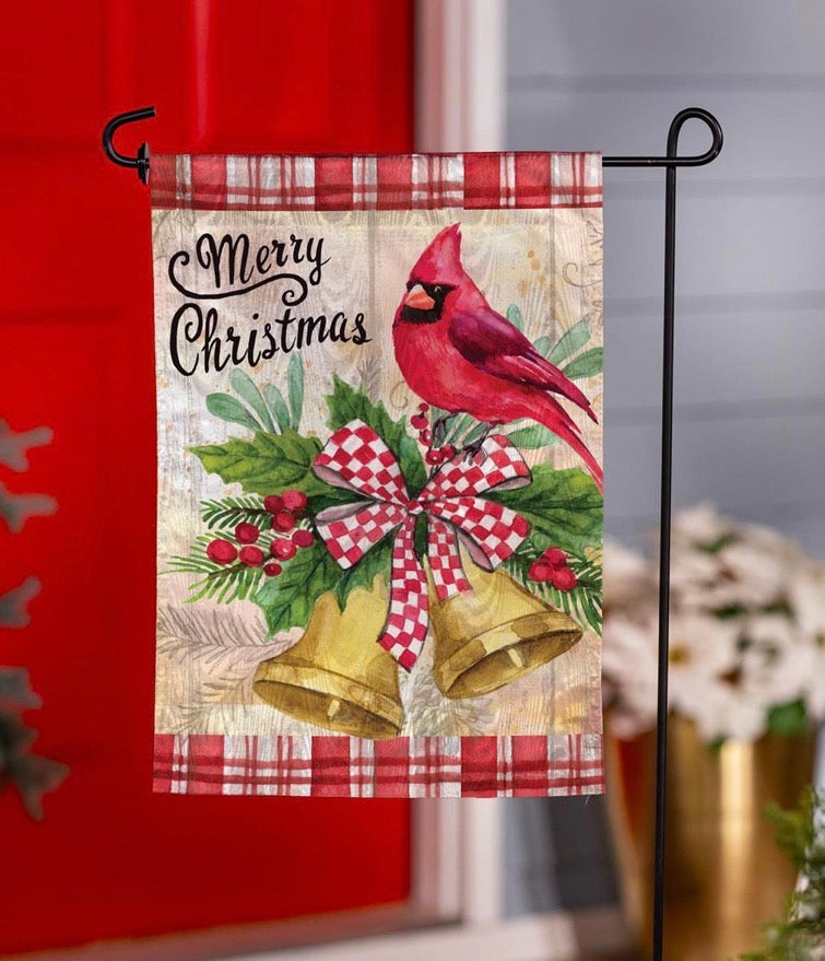 Evergreen Christmas Bells Cardinal Moire Flag, Garden